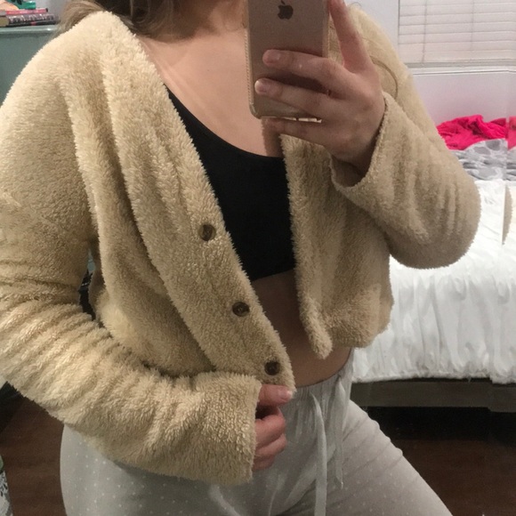 fuzzy tan crop cardigan with buttons - Picture 7 of 8